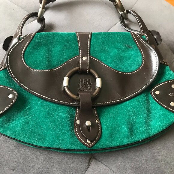 Ruehl No 925 Green Suede & Leather Bag w/ Brass Accents - Picture 2 of 10